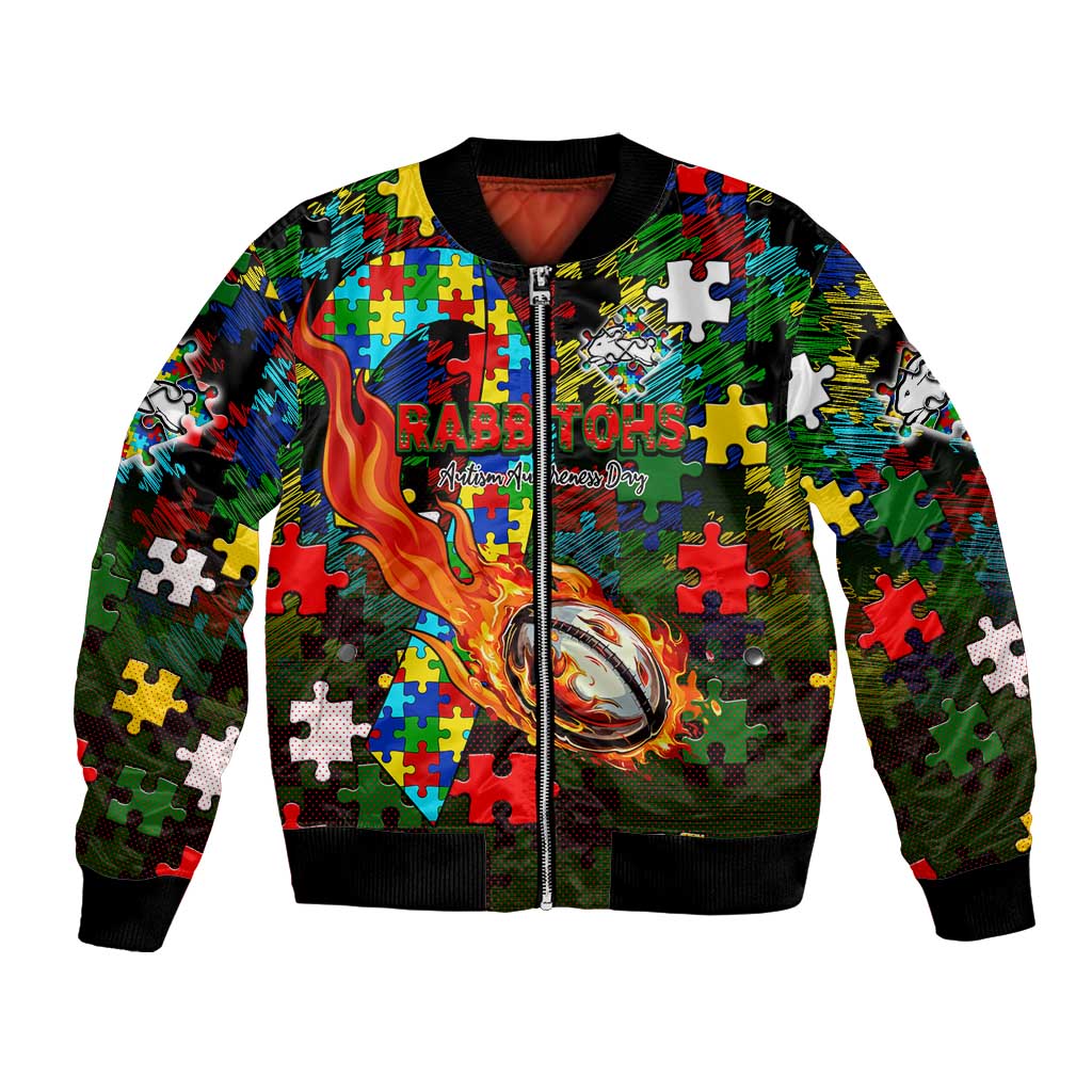 Rabbitohs Autism Awareness Bomber Jacket Puzzle Flames Rugby Ball