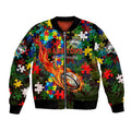 Rabbitohs Autism Awareness Bomber Jacket Puzzle Flames Rugby Ball