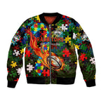 Rabbitohs Autism Awareness Bomber Jacket Puzzle Flames Rugby Ball