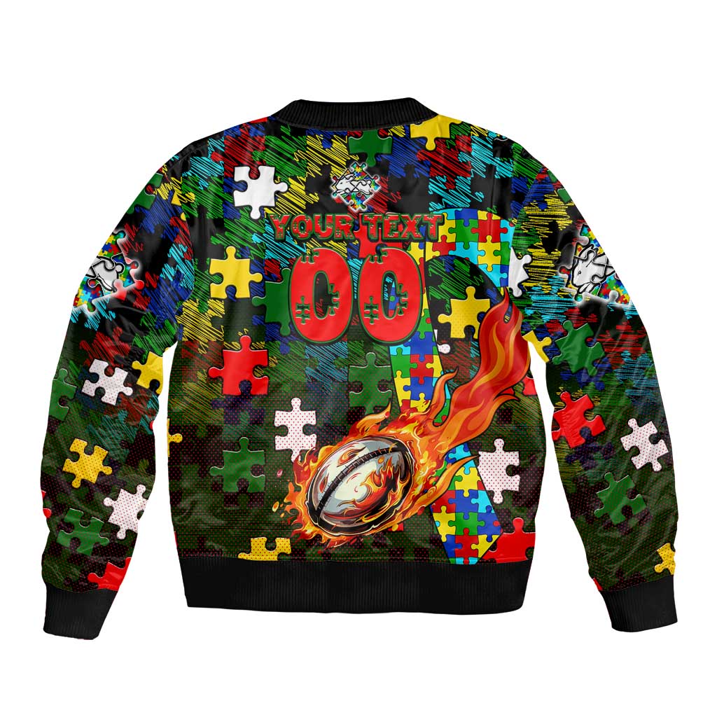 Rabbitohs Autism Awareness Bomber Jacket Puzzle Flames Rugby Ball