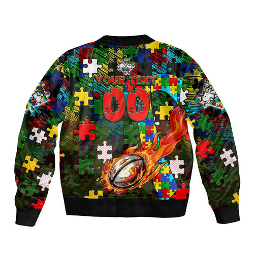 Rabbitohs Autism Awareness Bomber Jacket Puzzle Flames Rugby Ball