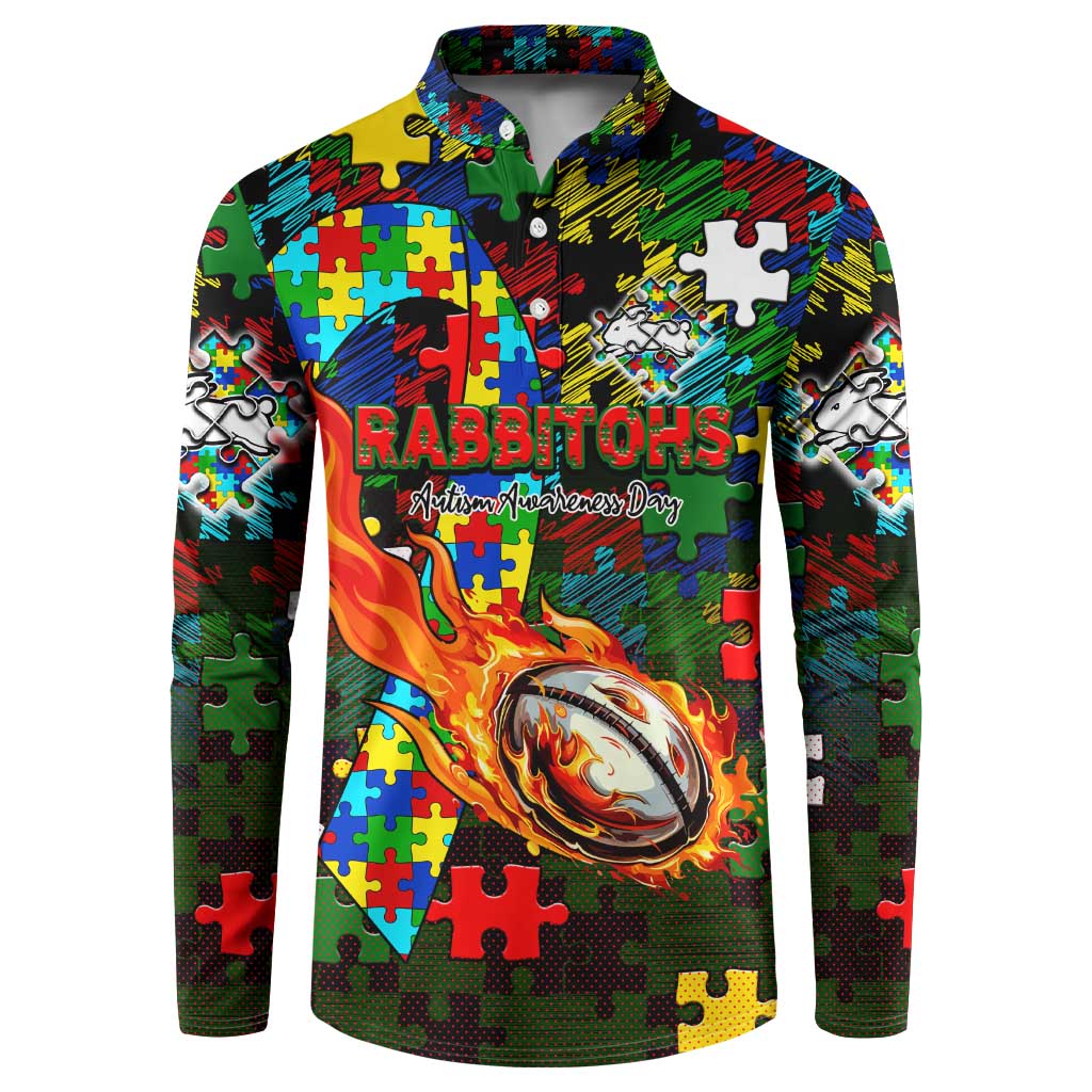 Rabbitohs Autism Awareness Button Sweatshirt Puzzle Flames Rugby Ball