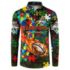 Rabbitohs Autism Awareness Button Sweatshirt Puzzle Flames Rugby Ball