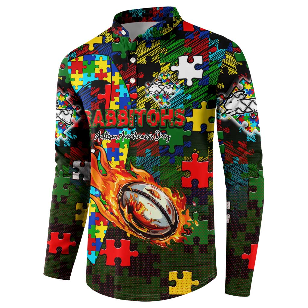 Rabbitohs Autism Awareness Button Sweatshirt Puzzle Flames Rugby Ball