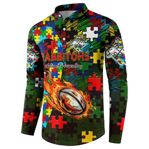 Rabbitohs Autism Awareness Button Sweatshirt Puzzle Flames Rugby Ball