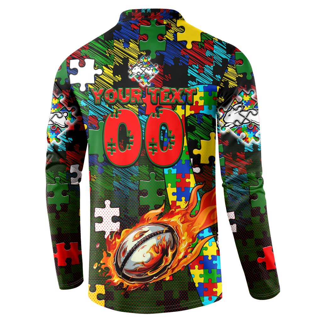 Rabbitohs Autism Awareness Button Sweatshirt Puzzle Flames Rugby Ball