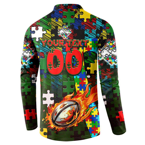 Rabbitohs Autism Awareness Button Sweatshirt Puzzle Flames Rugby Ball