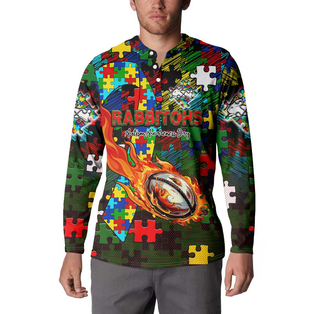 Rabbitohs Autism Awareness Button Sweatshirt Puzzle Flames Rugby Ball