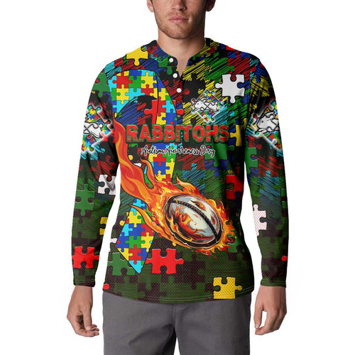 Rabbitohs Autism Awareness Button Sweatshirt Puzzle Flames Rugby Ball