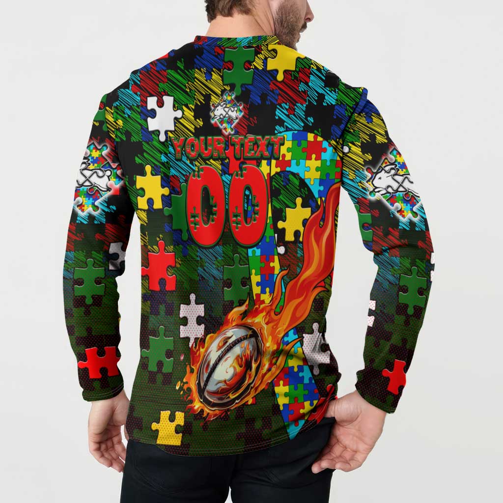 Rabbitohs Autism Awareness Button Sweatshirt Puzzle Flames Rugby Ball