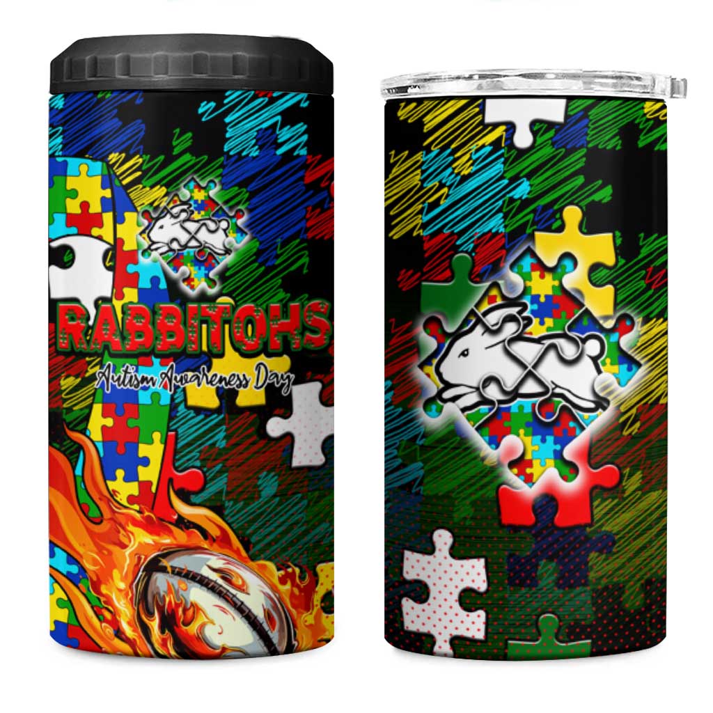 Rabbitohs Autism Awareness 4 in 1 Can Cooler Tumbler Puzzle Flames Rugby Ball