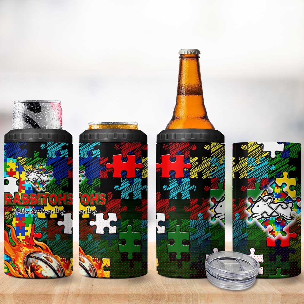Rabbitohs Autism Awareness 4 in 1 Can Cooler Tumbler Puzzle Flames Rugby Ball