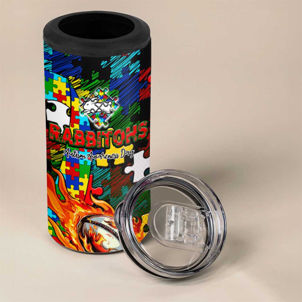 Rabbitohs Autism Awareness 4 in 1 Can Cooler Tumbler Puzzle Flames Rugby Ball