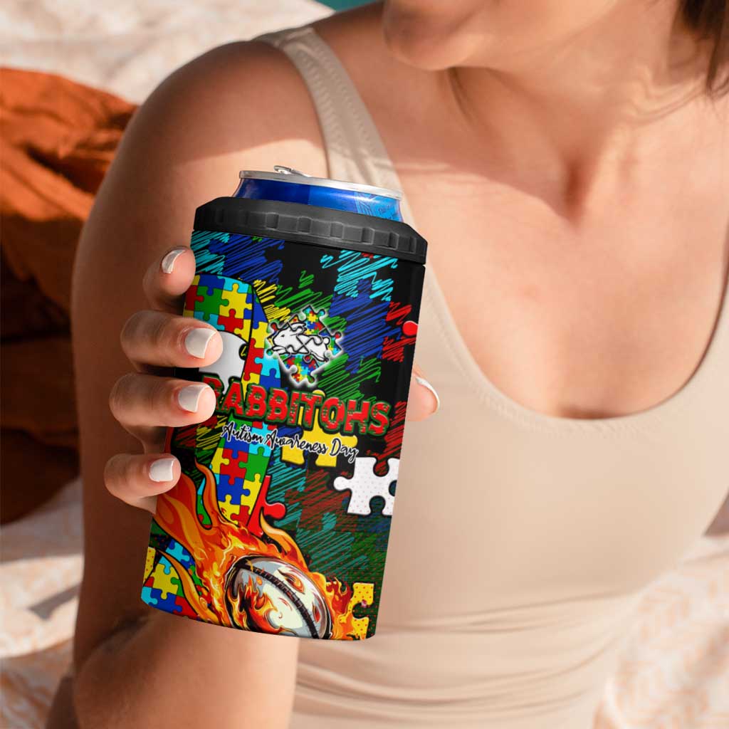 Rabbitohs Autism Awareness 4 in 1 Can Cooler Tumbler Puzzle Flames Rugby Ball