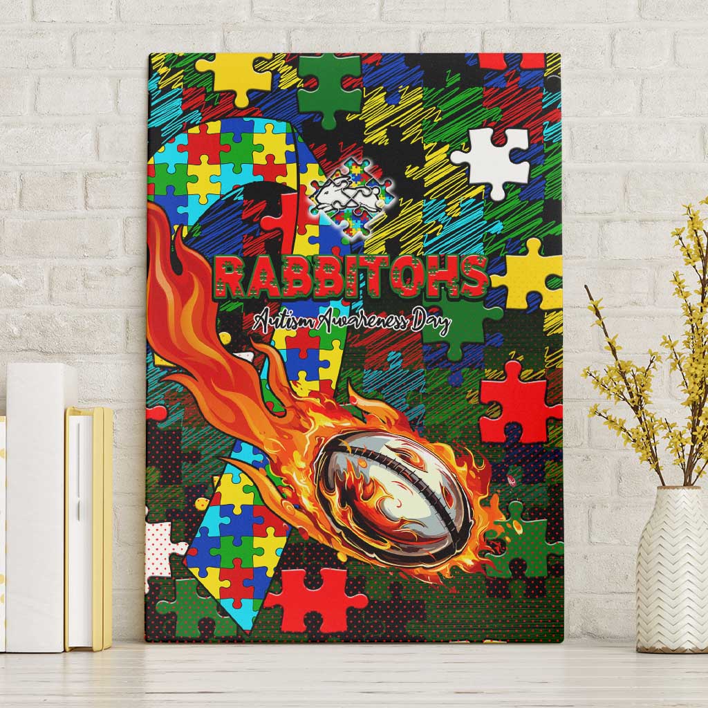 Rabbitohs Autism Awareness Canvas Wall Art Puzzle Flames Rugby Ball