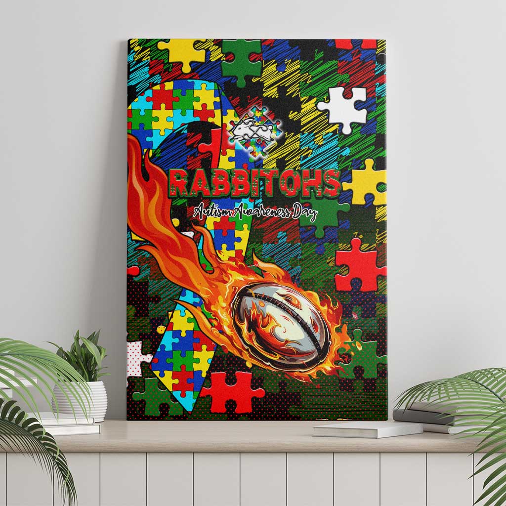 Rabbitohs Autism Awareness Canvas Wall Art Puzzle Flames Rugby Ball