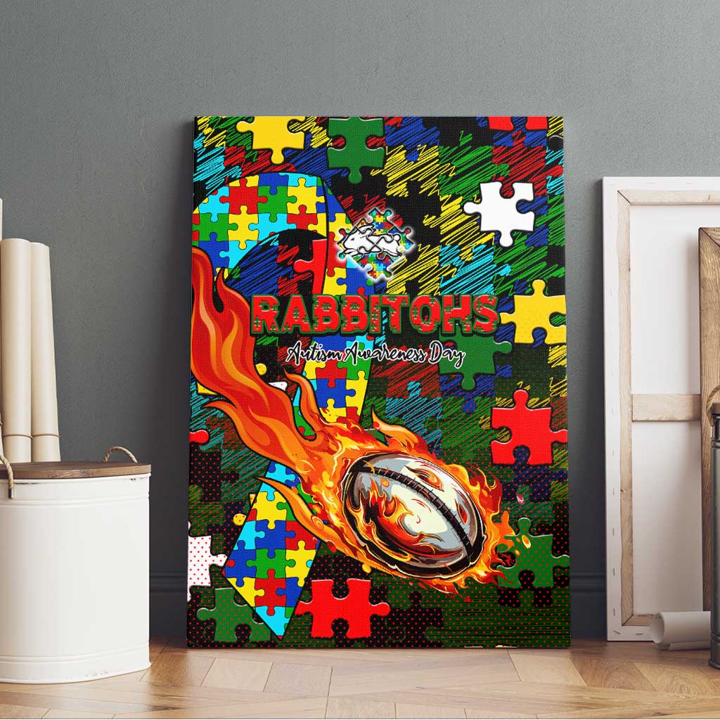 Rabbitohs Autism Awareness Canvas Wall Art Puzzle Flames Rugby Ball