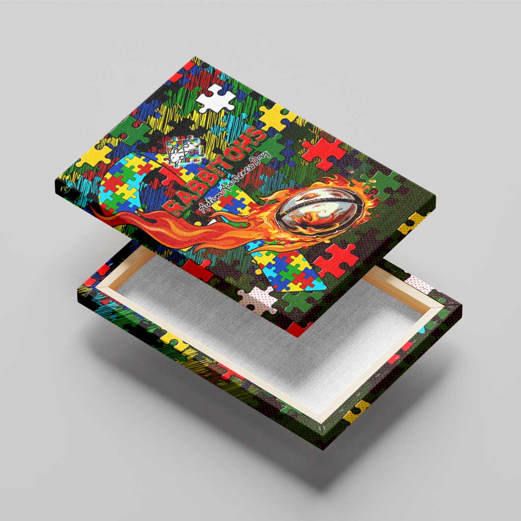 Rabbitohs Autism Awareness Canvas Wall Art Puzzle Flames Rugby Ball