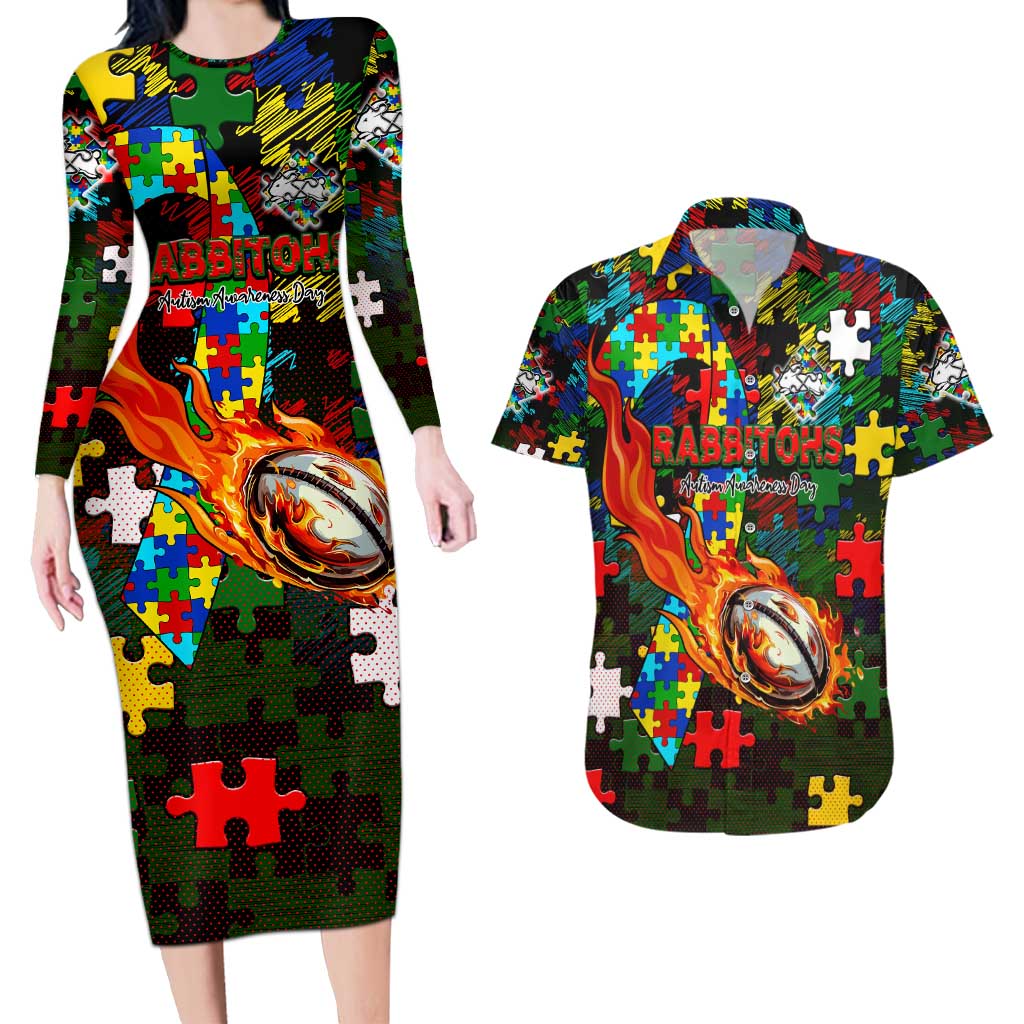Rabbitohs Autism Awareness Couples Matching Long Sleeve Bodycon Dress and Hawaiian Shirt Puzzle Flames Rugby Ball