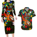 Rabbitohs Autism Awareness Couples Matching Long Sleeve Bodycon Dress and Hawaiian Shirt Puzzle Flames Rugby Ball