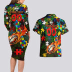 Rabbitohs Autism Awareness Couples Matching Long Sleeve Bodycon Dress and Hawaiian Shirt Puzzle Flames Rugby Ball