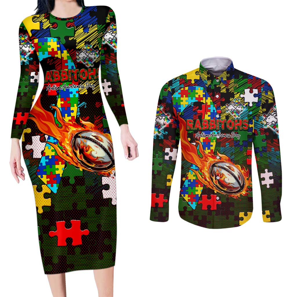 Rabbitohs Autism Awareness Couples Matching Long Sleeve Bodycon Dress and Long Sleeve Button Shirt Puzzle Flames Rugby Ball