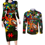 Rabbitohs Autism Awareness Couples Matching Long Sleeve Bodycon Dress and Long Sleeve Button Shirt Puzzle Flames Rugby Ball