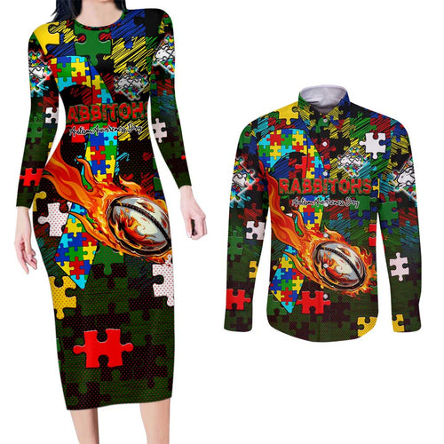 Rabbitohs Autism Awareness Couples Matching Long Sleeve Bodycon Dress and Long Sleeve Button Shirt Puzzle Flames Rugby Ball