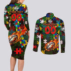 Rabbitohs Autism Awareness Couples Matching Long Sleeve Bodycon Dress and Long Sleeve Button Shirt Puzzle Flames Rugby Ball
