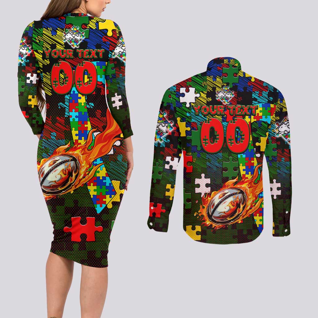 Rabbitohs Autism Awareness Couples Matching Long Sleeve Bodycon Dress and Long Sleeve Button Shirt Puzzle Flames Rugby Ball
