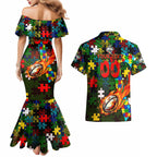 Rabbitohs Autism Awareness Couples Matching Mermaid Dress and Hawaiian Shirt Puzzle Flames Rugby Ball