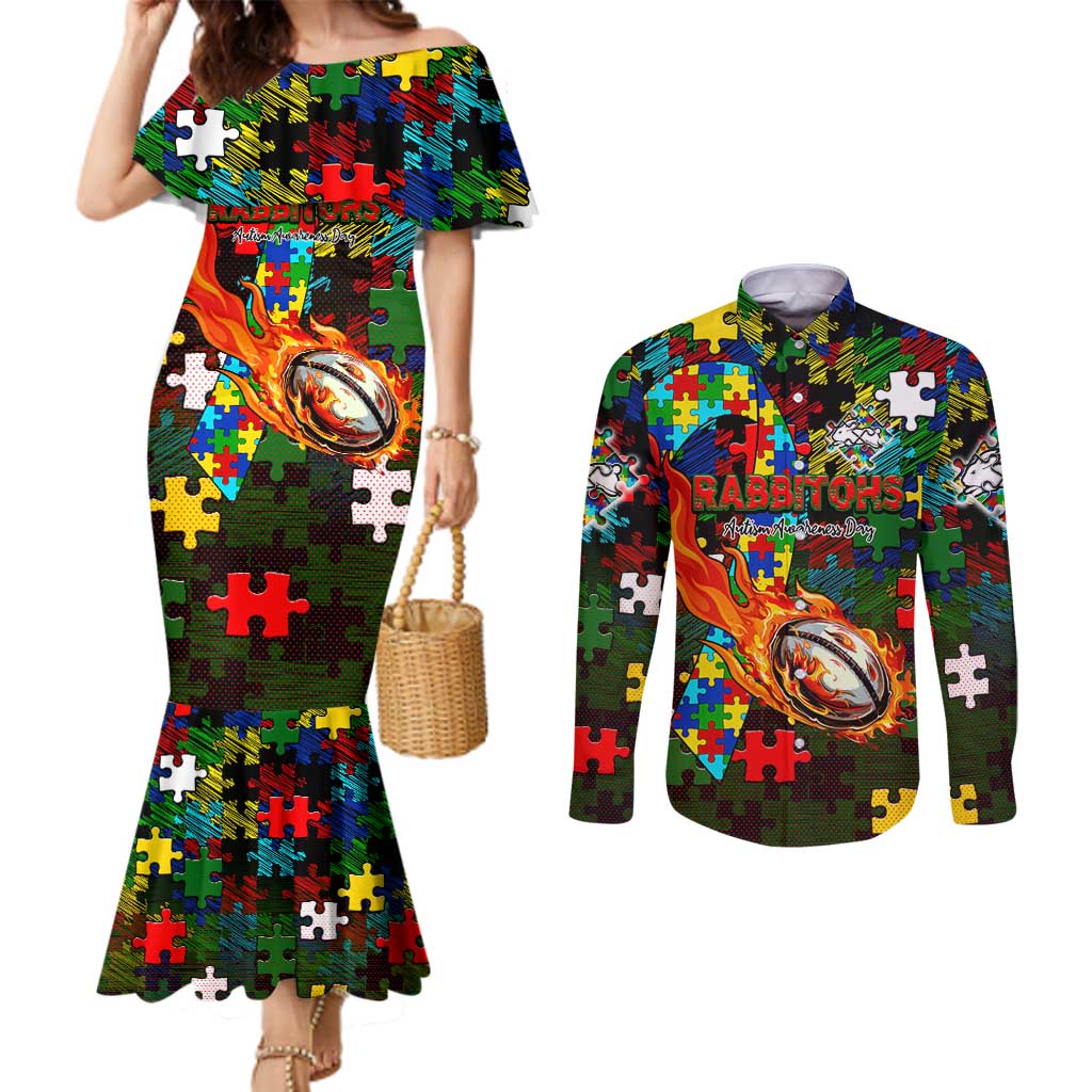 Rabbitohs Autism Awareness Couples Matching Mermaid Dress and Long Sleeve Button Shirt Puzzle Flames Rugby Ball