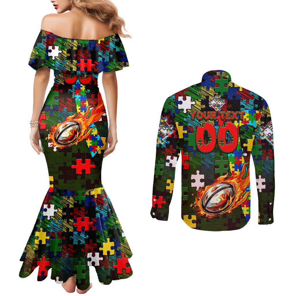 Rabbitohs Autism Awareness Couples Matching Mermaid Dress and Long Sleeve Button Shirt Puzzle Flames Rugby Ball