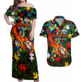 Rabbitohs Autism Awareness Couples Matching Off Shoulder Maxi Dress and Hawaiian Shirt Puzzle Flames Rugby Ball