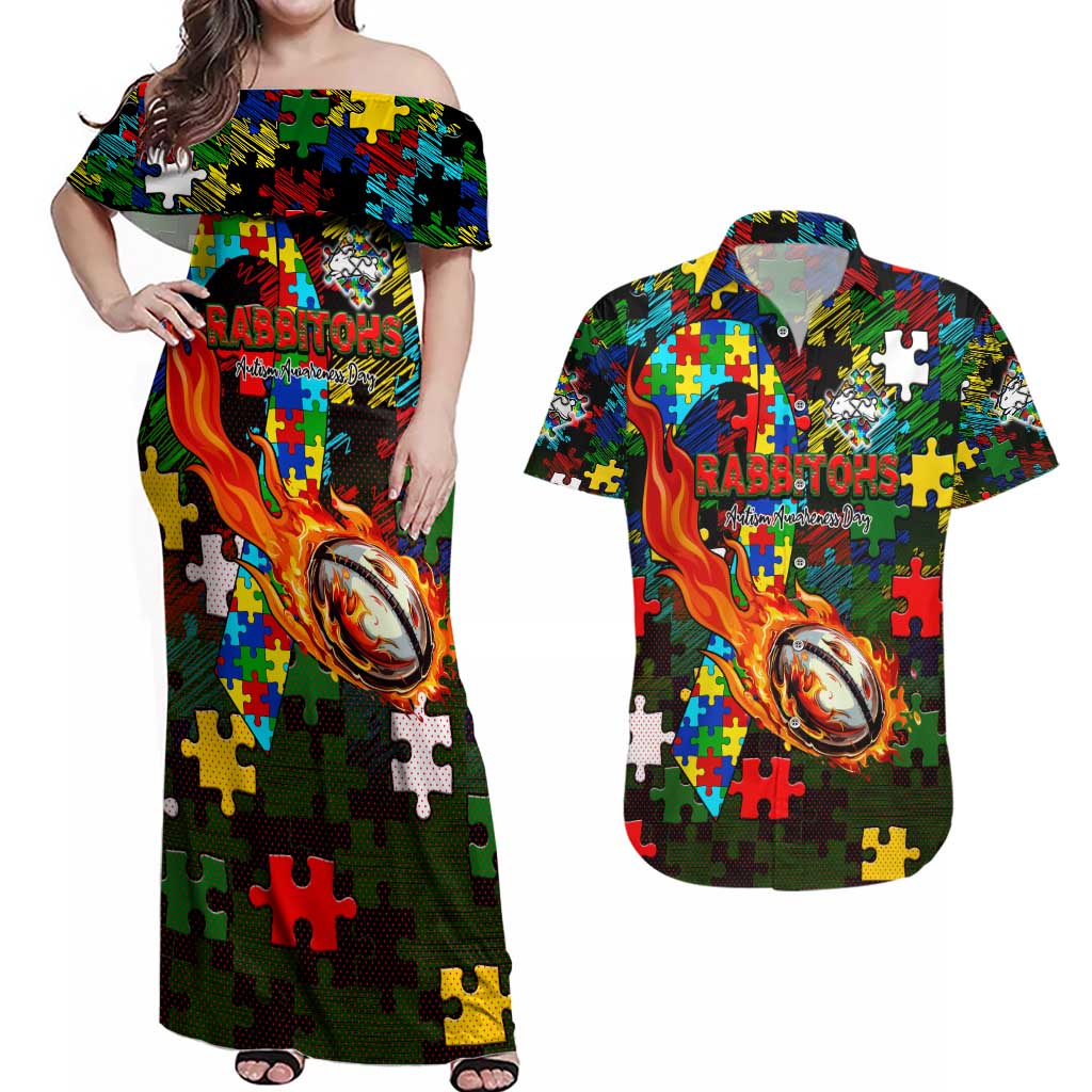 Rabbitohs Autism Awareness Couples Matching Off Shoulder Maxi Dress and Hawaiian Shirt Puzzle Flames Rugby Ball