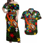 Rabbitohs Autism Awareness Couples Matching Off Shoulder Maxi Dress and Hawaiian Shirt Puzzle Flames Rugby Ball