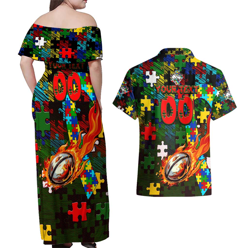 Rabbitohs Autism Awareness Couples Matching Off Shoulder Maxi Dress and Hawaiian Shirt Puzzle Flames Rugby Ball