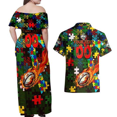 Rabbitohs Autism Awareness Couples Matching Off Shoulder Maxi Dress and Hawaiian Shirt Puzzle Flames Rugby Ball