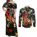 Rabbitohs Autism Awareness Couples Matching Off Shoulder Maxi Dress and Long Sleeve Button Shirt Puzzle Flames Rugby Ball