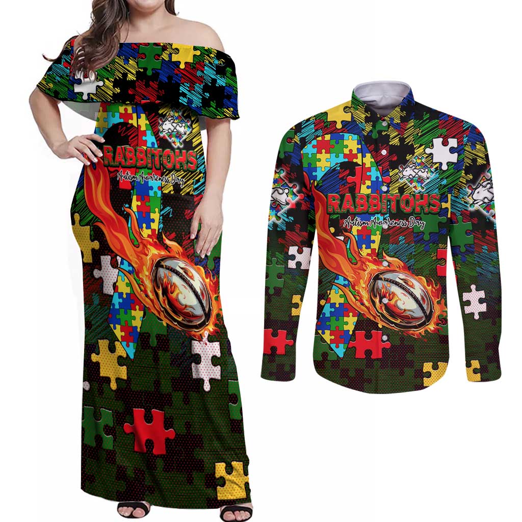 Rabbitohs Autism Awareness Couples Matching Off Shoulder Maxi Dress and Long Sleeve Button Shirt Puzzle Flames Rugby Ball