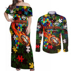 Rabbitohs Autism Awareness Couples Matching Off Shoulder Maxi Dress and Long Sleeve Button Shirt Puzzle Flames Rugby Ball
