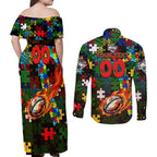 Rabbitohs Autism Awareness Couples Matching Off Shoulder Maxi Dress and Long Sleeve Button Shirt Puzzle Flames Rugby Ball