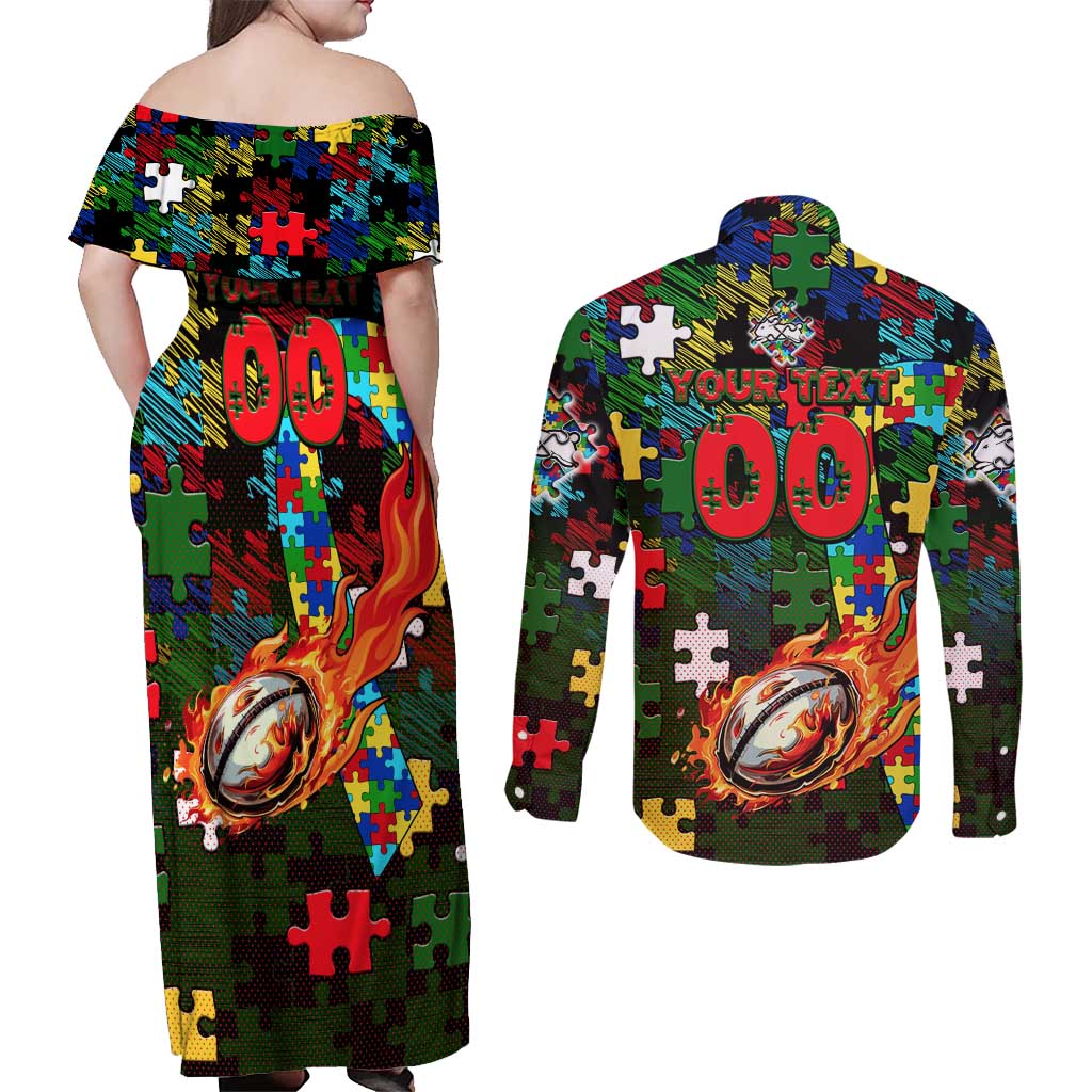 Rabbitohs Autism Awareness Couples Matching Off Shoulder Maxi Dress and Long Sleeve Button Shirt Puzzle Flames Rugby Ball