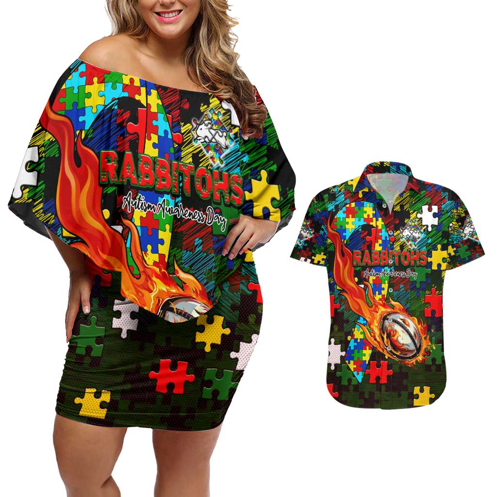 Rabbitohs Autism Awareness Couples Matching Off Shoulder Short Dress and Hawaiian Shirt Puzzle Flames Rugby Ball