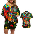 Rabbitohs Autism Awareness Couples Matching Off Shoulder Short Dress and Hawaiian Shirt Puzzle Flames Rugby Ball