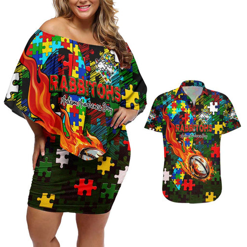 Rabbitohs Autism Awareness Couples Matching Off Shoulder Short Dress and Hawaiian Shirt Puzzle Flames Rugby Ball