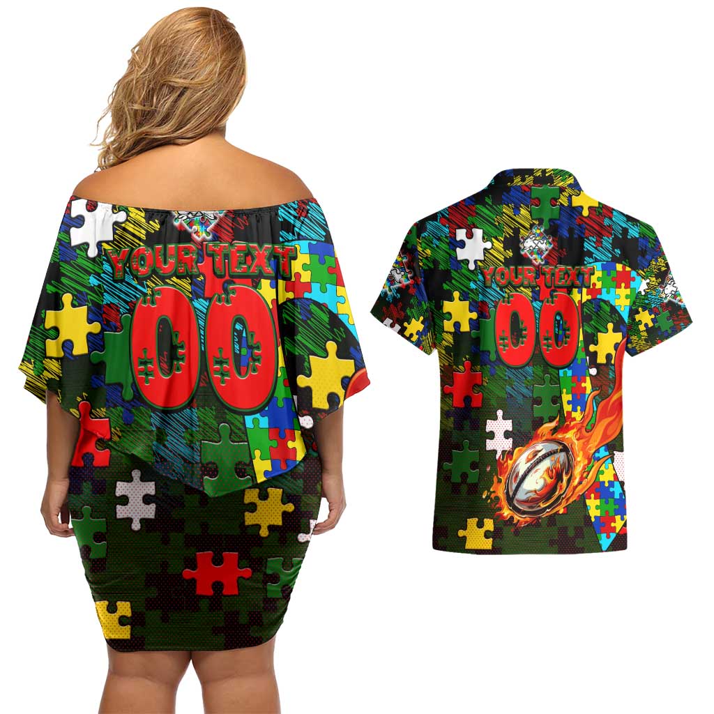 Rabbitohs Autism Awareness Couples Matching Off Shoulder Short Dress and Hawaiian Shirt Puzzle Flames Rugby Ball