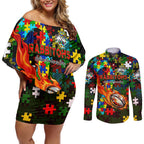 Rabbitohs Autism Awareness Couples Matching Off Shoulder Short Dress and Long Sleeve Button Shirt Puzzle Flames Rugby Ball