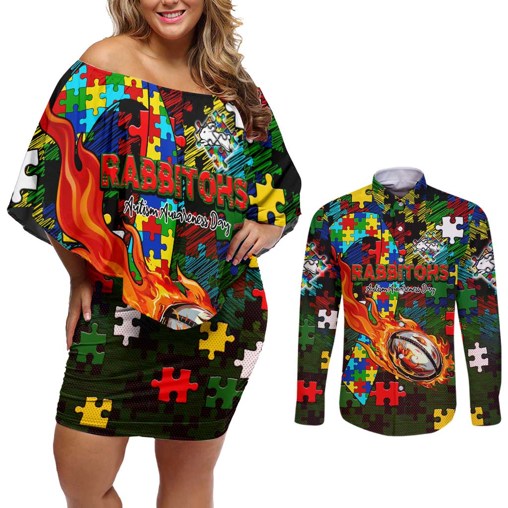 Rabbitohs Autism Awareness Couples Matching Off Shoulder Short Dress and Long Sleeve Button Shirt Puzzle Flames Rugby Ball