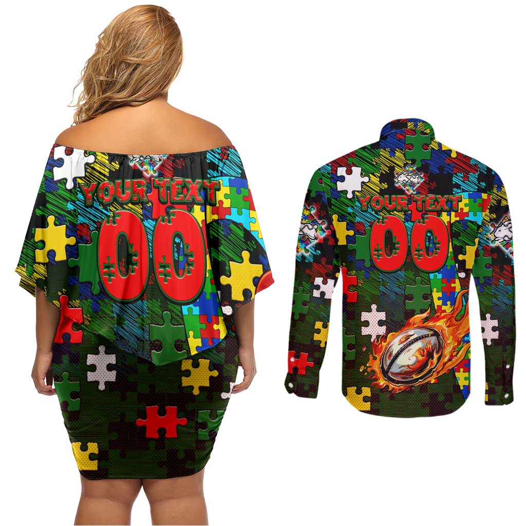 Rabbitohs Autism Awareness Couples Matching Off Shoulder Short Dress and Long Sleeve Button Shirt Puzzle Flames Rugby Ball